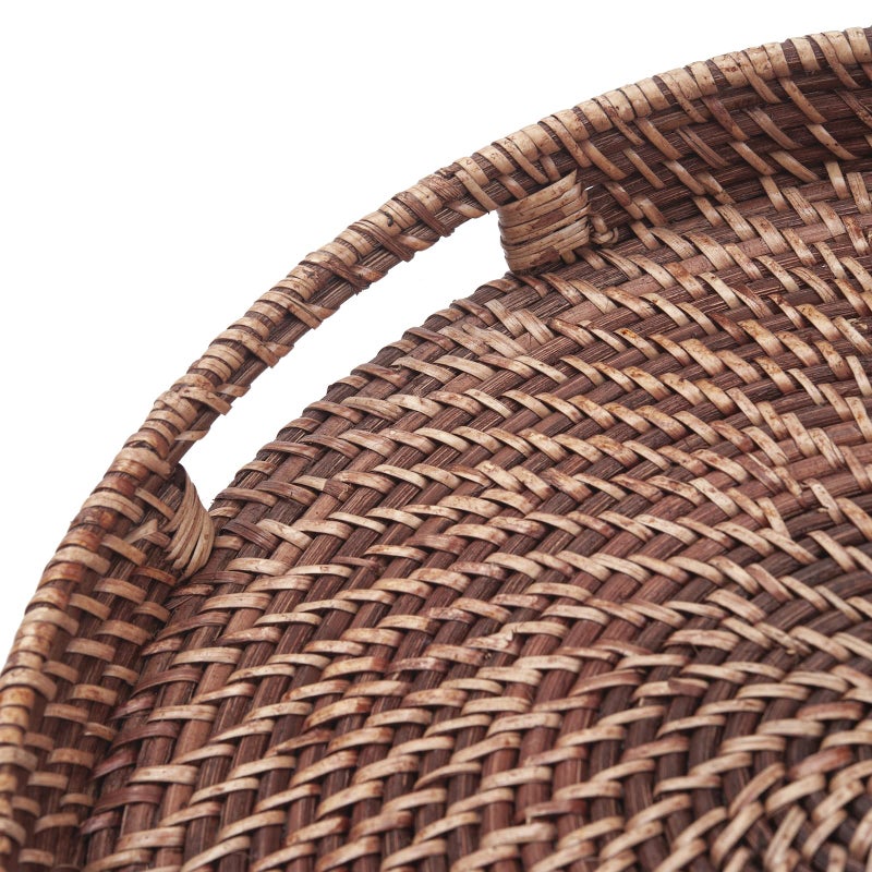 DECRAFTS Round Rattan Woven Serving Tray with Handles Ottoman Tray for Breakfast, Drinks, Snack for Coffee Table, Home Decorative (11"x1.6", Honey Brown) - Image 2